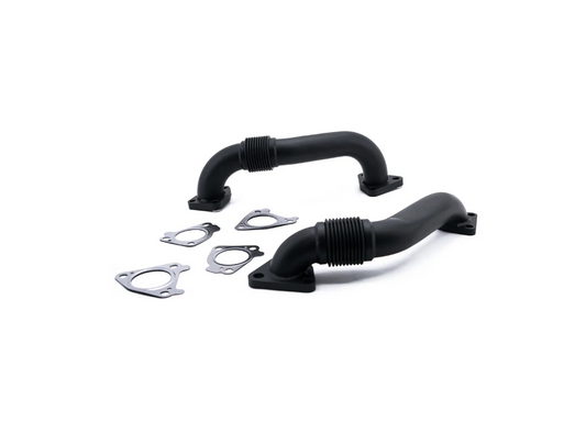 HSP Diesel 2-inch up-pipe set for 2001-2004 LB7 Duramax diesel engine, showing polished metal pipes and flanges