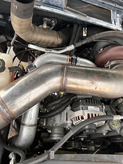 DPC Duramax S400 Coldside Assembly by DP Customs, showing the polished metal coldside intake component with hoses and fittings.