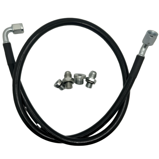 JZM Remote Turbo Oil Feed Line Kit for 2001-2016 Duramax diesel engines, includes fittings and hoses for turbocharger installation.