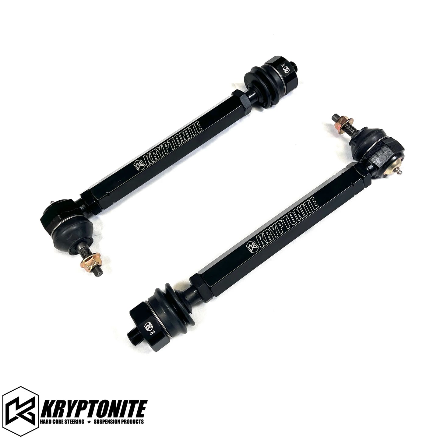 Kryptonite Products Death Grip Tie Rods installed on a vehicle's steering system, showcasing durable metal components.