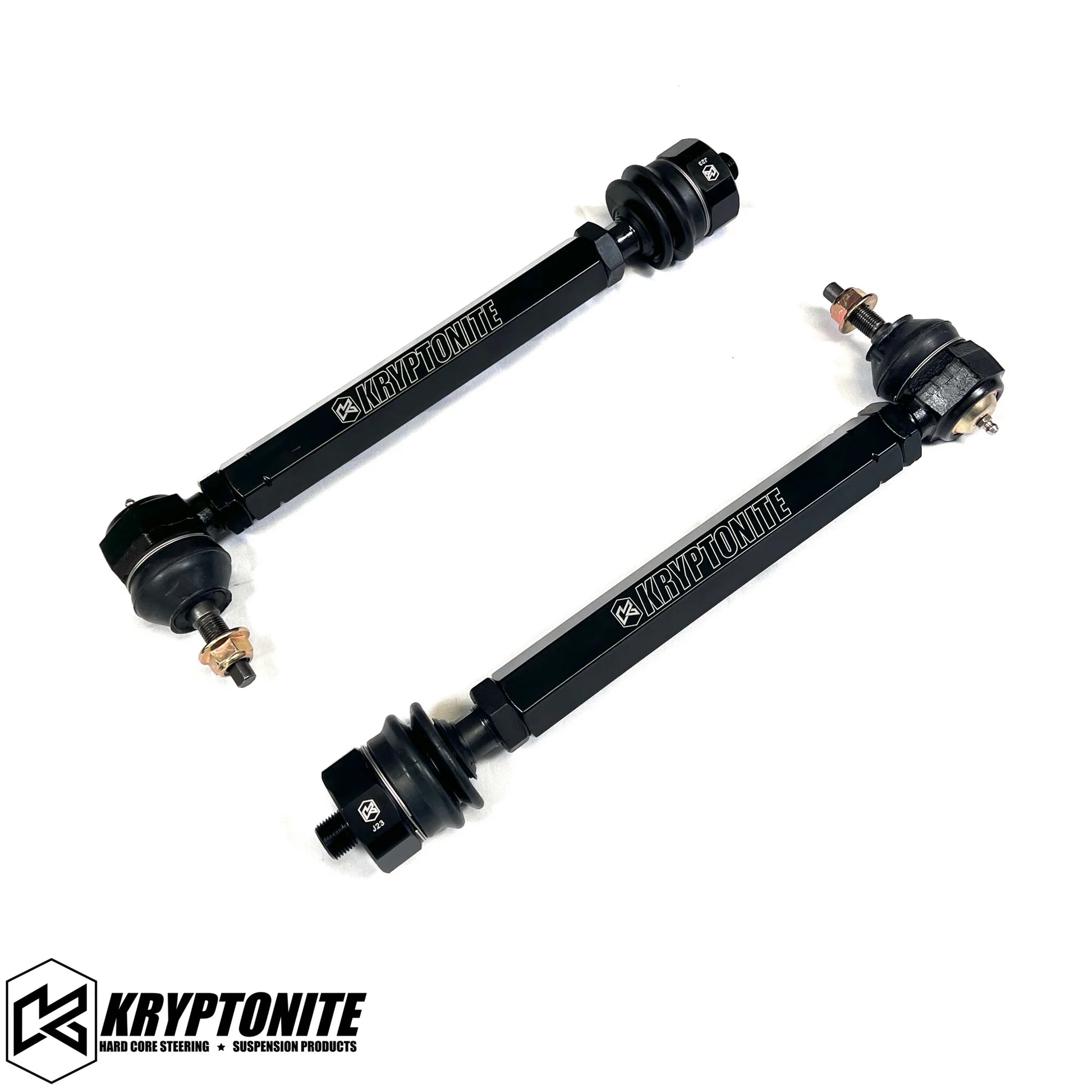 Kryptonite Products Death Grip Tie Rods installed on a vehicle's steering system, showcasing durable metal components.