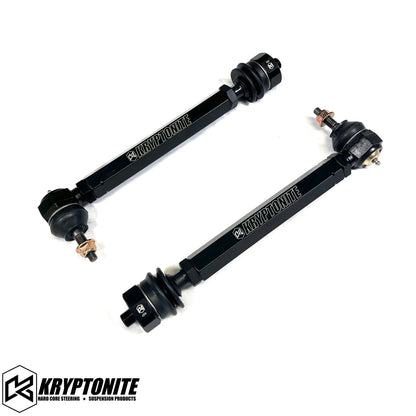Kryptonite Products Death Grip Tie Rods installed on a vehicle's steering system, showcasing durable metal components.