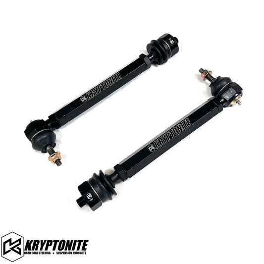 Kryptonite Products Death Grip Tie Rods installed on a vehicle's steering system, showcasing durable metal components.