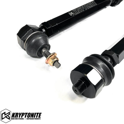 Kryptonite Products Death Grip Tie Rods, durable automotive tie rods with metal ends and black coating, close-up view.