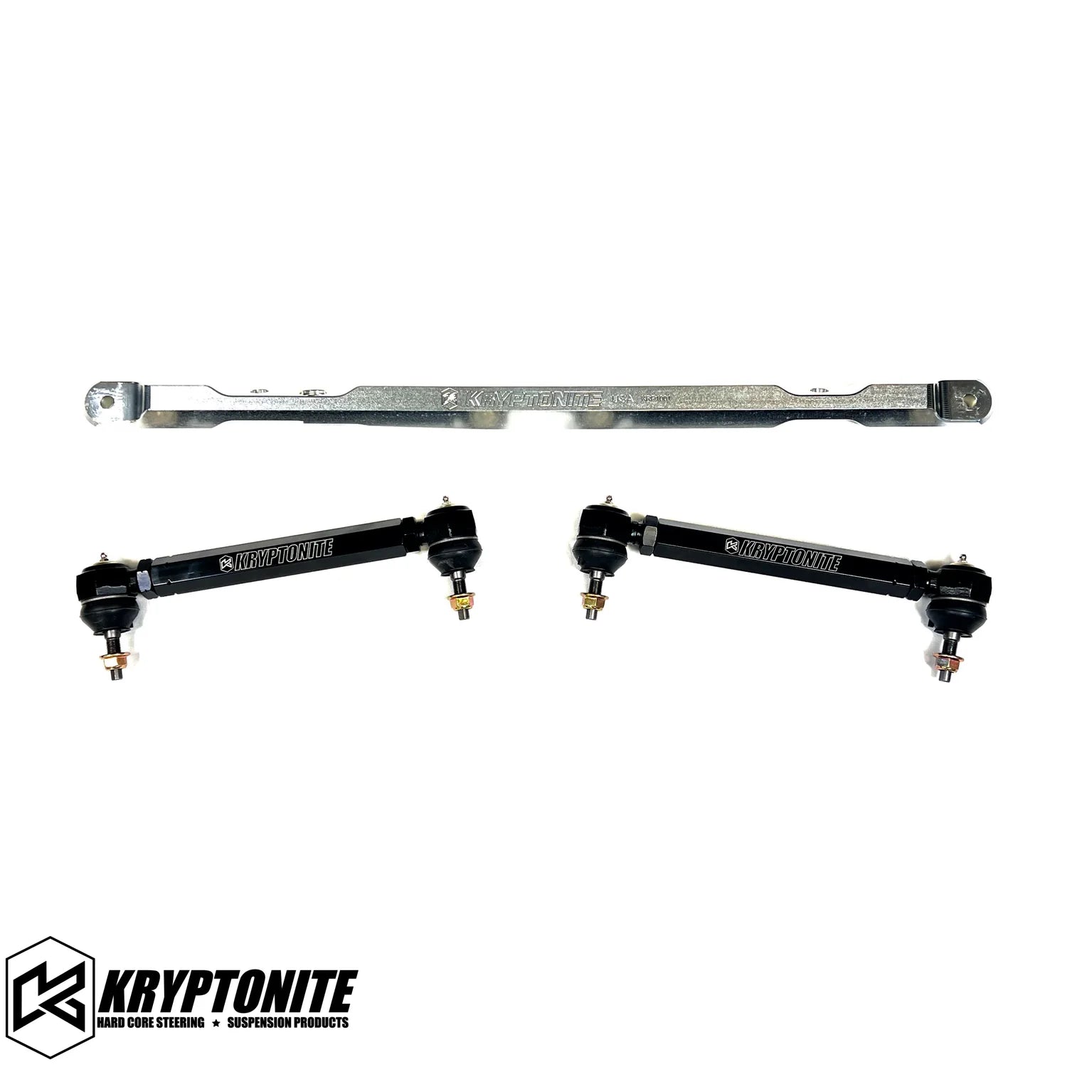 Kryptonite SS Series Center Link Tie Rod Package with ecoat finish, shown on a white background, for automotive or bike steering systems.