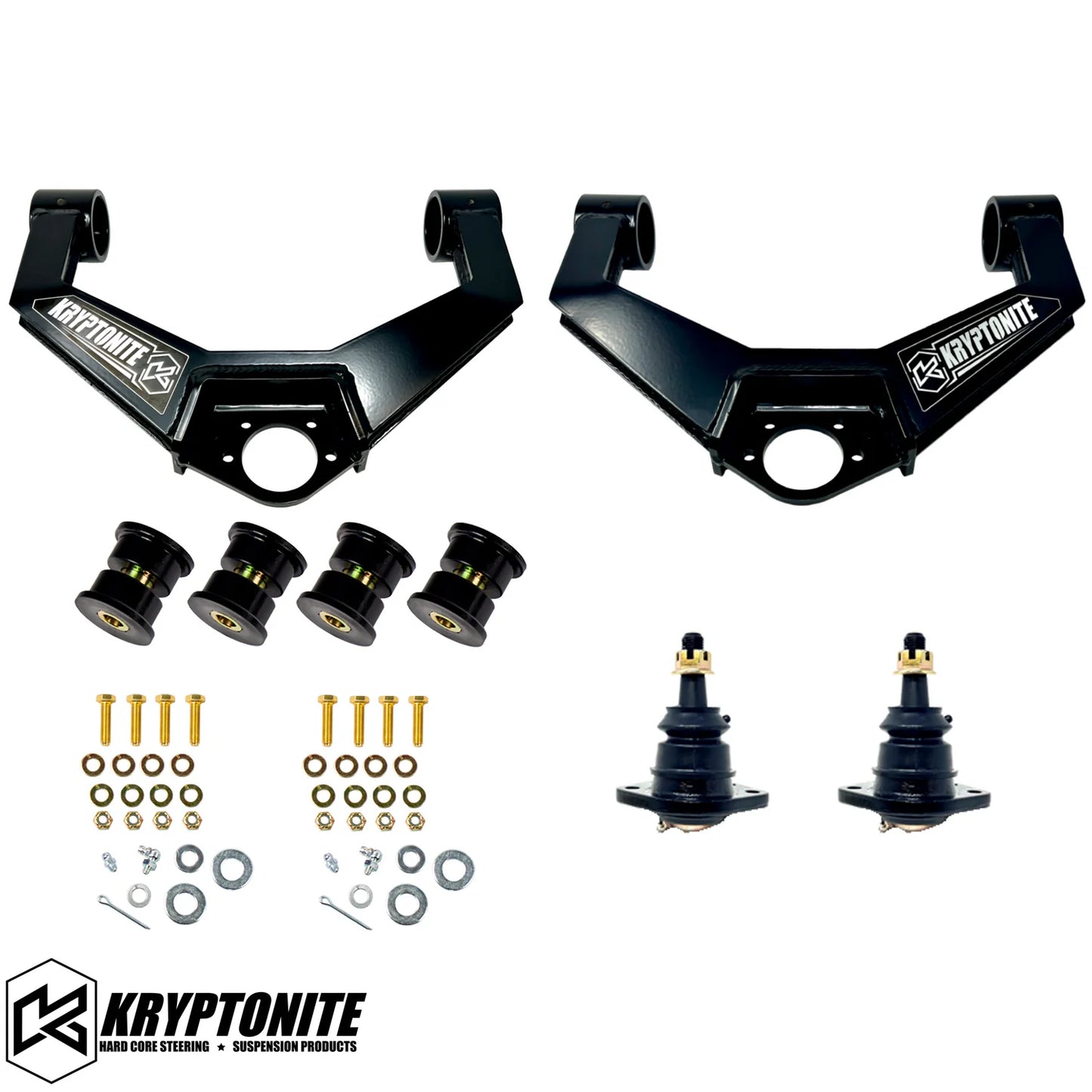 Kryptonite Products upper control arm kit with metal components and bushings for vehicle suspension repairs.