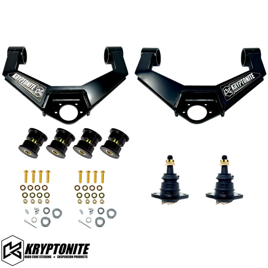 Kryptonite Products upper control arm kit with metal components and bushings for vehicle suspension repairs.