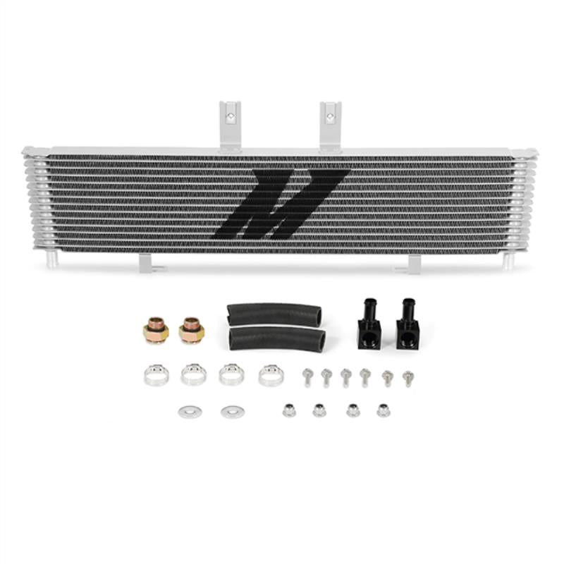Mishimoto Duramax/Allison transmission cooler showing metal fins and hoses for improved cooling performance.