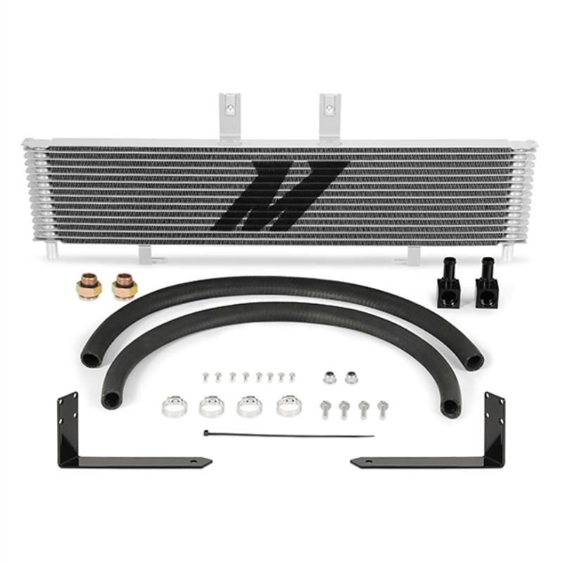 Mishimoto Duramax/Allison transmission cooler with aluminum fins and hoses for enhanced cooling performance