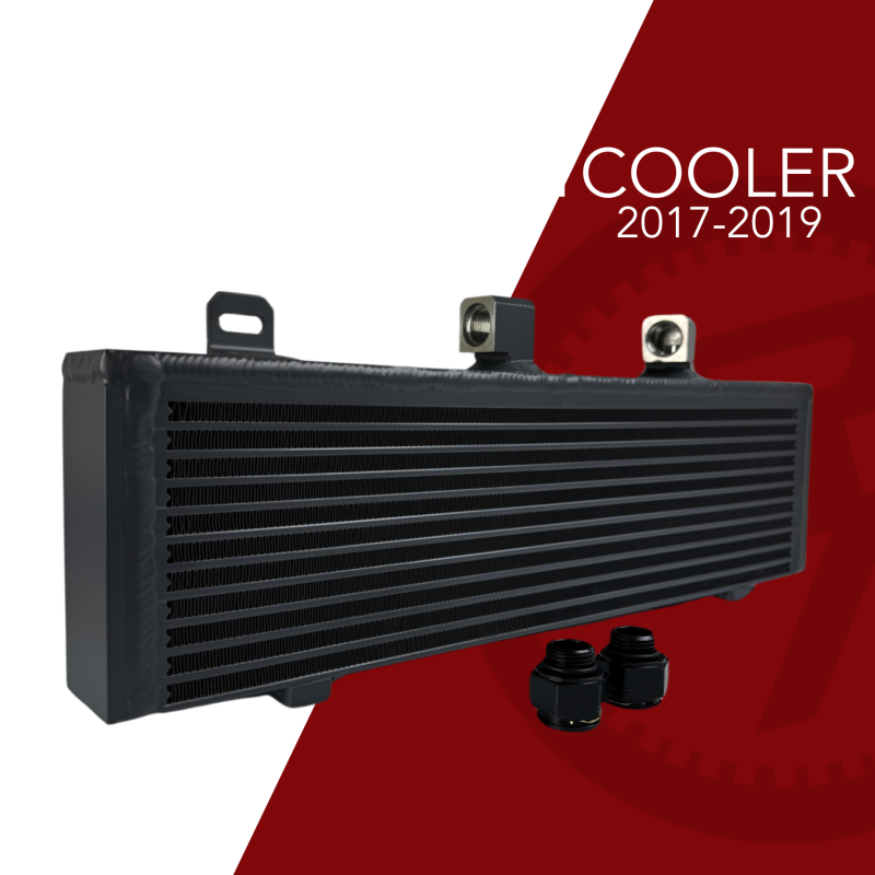 Fluidyne HD Transmission Cooler for Duramax 2001-2024 by Randys Transmission, showing the durable metal cooling fins and hose connections.