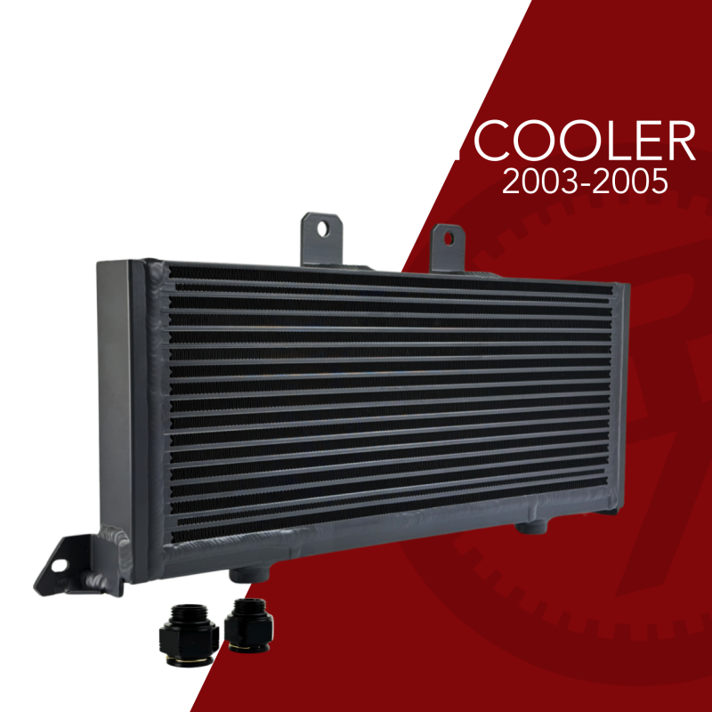 Fluidyne HD Transmission Cooler for Duramax LB7, 2001-2024, by Randys Transmission, shown in a close-up image.