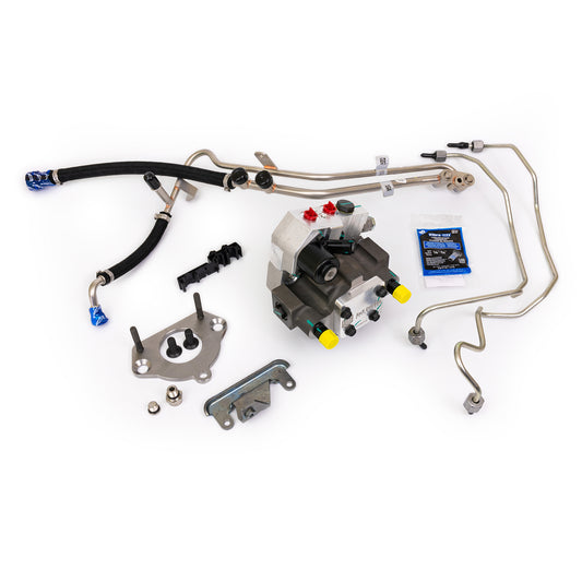 S&S Diesel Motorsport Ford 6.7L CP4 to DCR pump conversion kit installed on engine, showing detailed components and fittings.