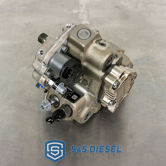 S&S LBZ CP3 diesel fuel injection pump by S&S Diesel Motorsports, shown in black with metal fittings and mounting components.