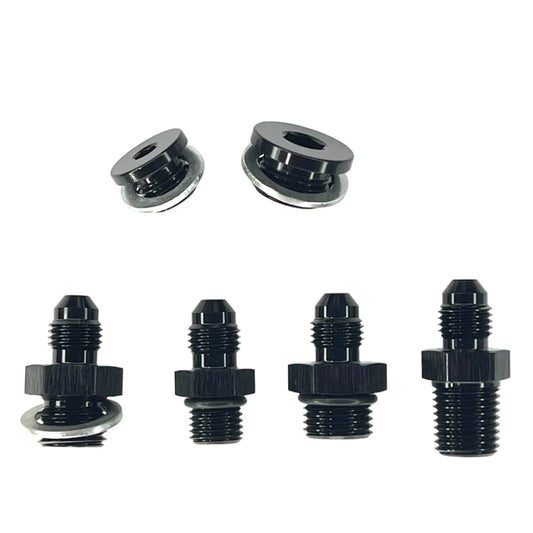 Shocker Fittings -4AN S300 S400 Duramax turbo oil feed line with ball bearing fittings, metal tubing, and secure connections.