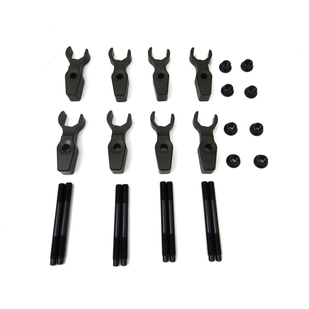 SoCal Diesel Billet Injector Clamp Kit for 2001-2016 Duramax diesel engines, featuring polished billet metal clamps.