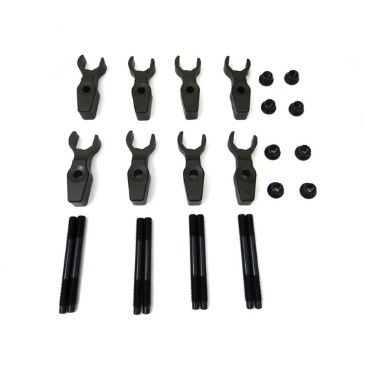 SoCal Diesel Billet Injector Clamp Kit for 2001-2016 Duramax diesel engines, featuring polished billet metal clamps.