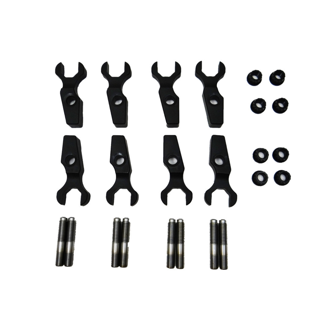 SoCal Diesel Billet Injector Clamp Kit for 2001-2016 Duramax diesel engines, showing polished metal clamps and hardware.