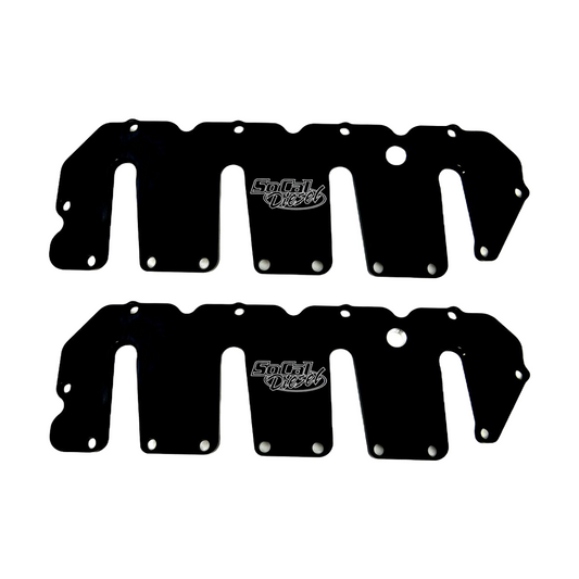 SoCal Diesel billet valve covers for 2004.5-2016 Duramax diesel engine, shiny metal with engraved branding and mounting holes