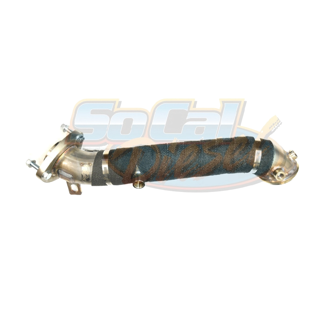 SoCal Diesel turbo downpipe for 2001-2016 Duramax diesel trucks, showing the polished metal pipe with flanges and fittings.
