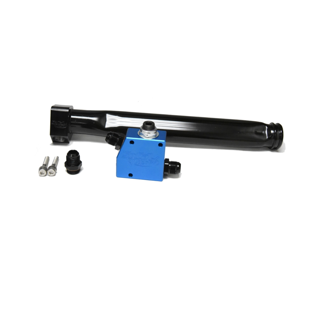 SoCal Diesel Water Pump Bypass component showing metal and rubber fittings for diesel engine cooling system repair.