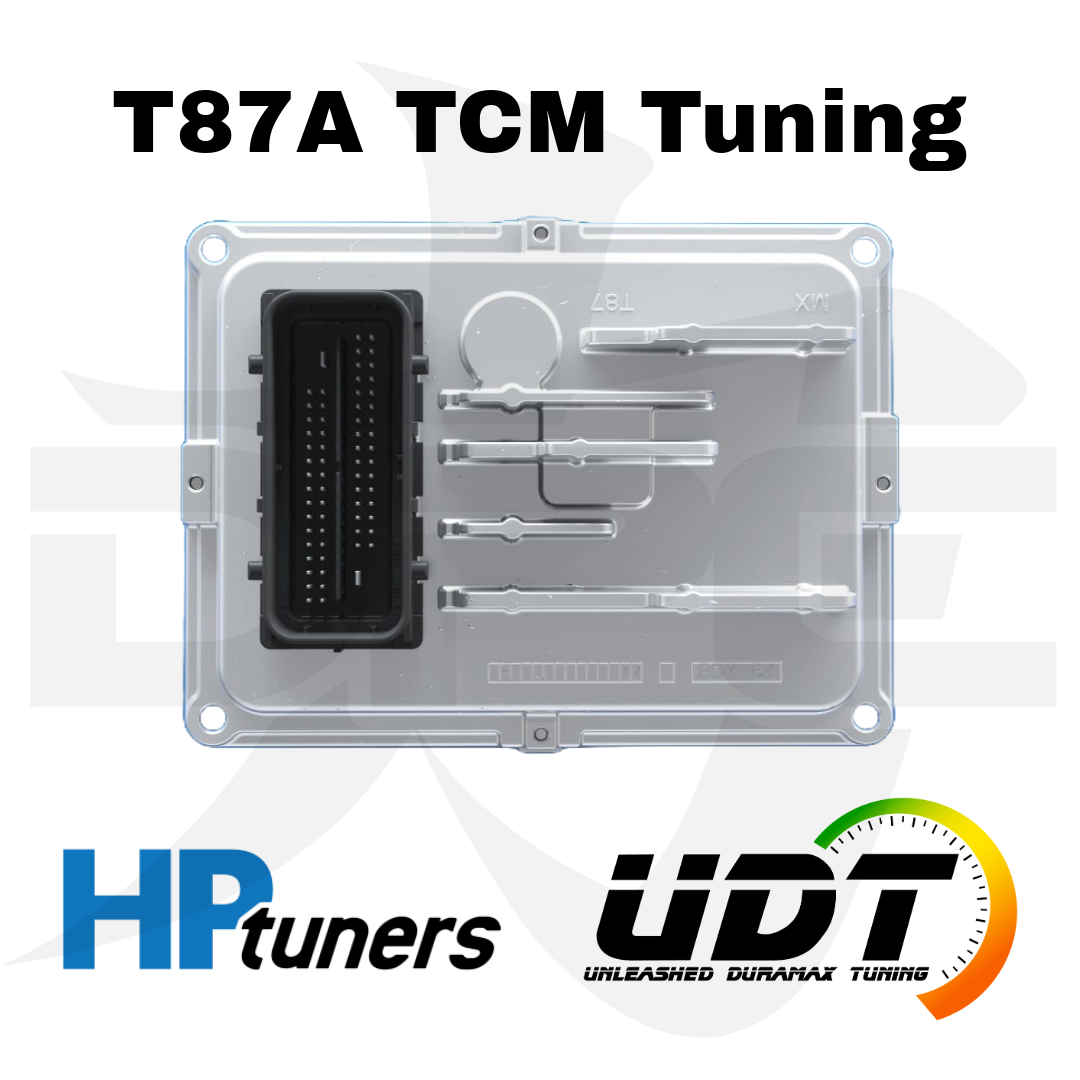 UDT 2017-2019 Duramax T87A TCM tuning module for engine control unit, shown installed in vehicle engine bay