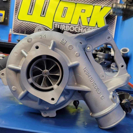 Work Turbochargers Work L5P 66mm VGT turbocharger showing the turbine housing and VGT mechanism.