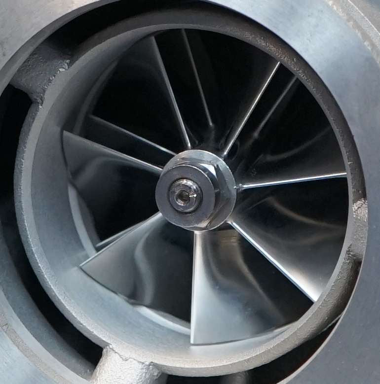 Work Turbochargers L5P 66mm VGT turbocharger with detailed turbine wheel and compressor housing for diesel engine boost.