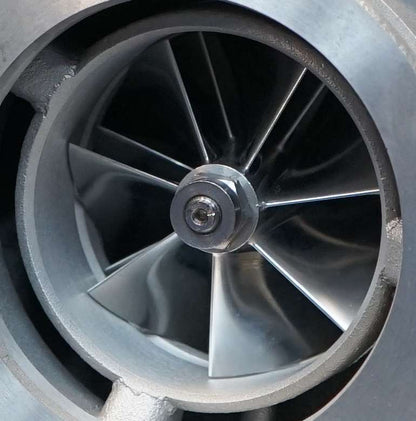 Work Turbochargers L5P 66mm VGT turbocharger with detailed turbine wheel and compressor housing for diesel engine boost.