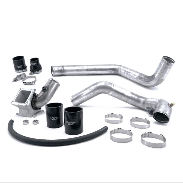 DP Customs HSP LBZ LMM Duramax intercooler pipe kit with metal pipes and clamps, installed in a diesel truck engine bay.