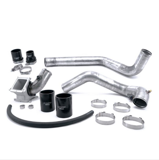 DP Customs HSP LBZ LMM Duramax intercooler pipe kit with metal pipes and clamps, installed in a diesel truck engine bay.