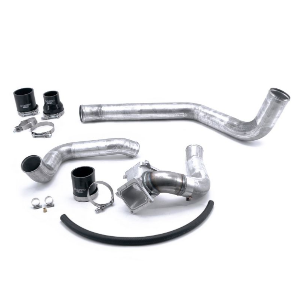 DP Customs HSP LLY Duramax Intercooler Pipe Kit with durable metal pipes and connections, installed on a diesel truck engine.