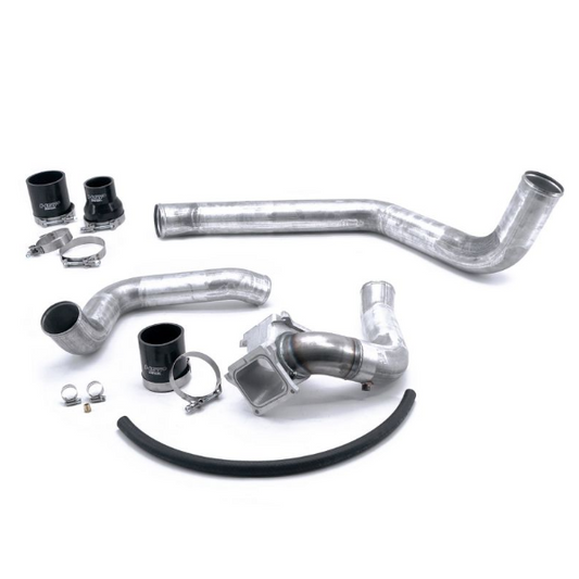DP Customs HSP LLY Duramax Intercooler Pipe Kit with durable metal pipes and connections, installed on a diesel truck engine.